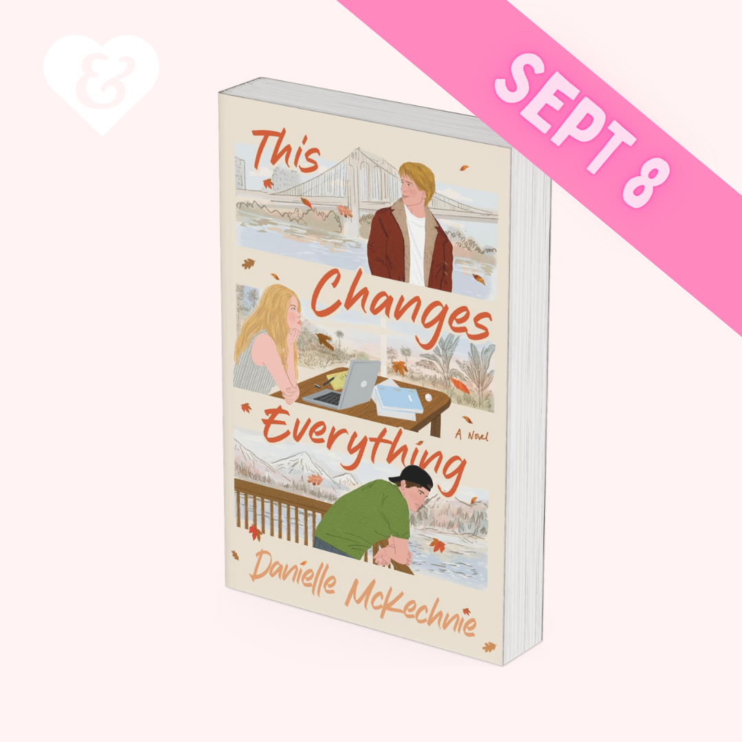 A book cover mockup for the novel 'This Changes Everything' by Danielle McKechnie, shown at an angle on a pale pink background with a pink diagonal 'SEPT 8' banner. The cover features a cream background with four illustrated scenes of couples by a river in autumn, with orange-red title text.