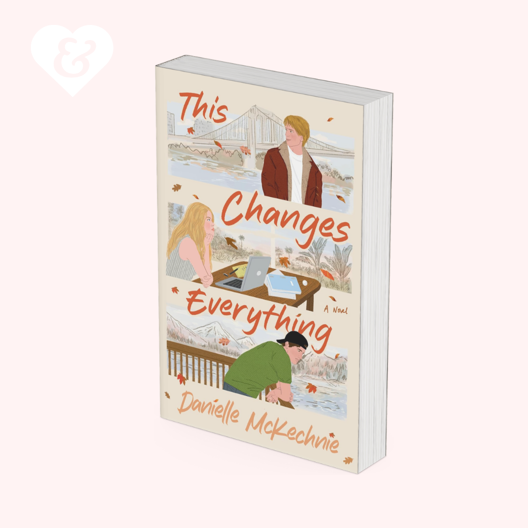 A book cover mockup for 'This Changes Everything' by Danielle McKechnie, featuring a cream-colored background with three illustrated scenes of a couple and red title text, shown on a pale pink background.