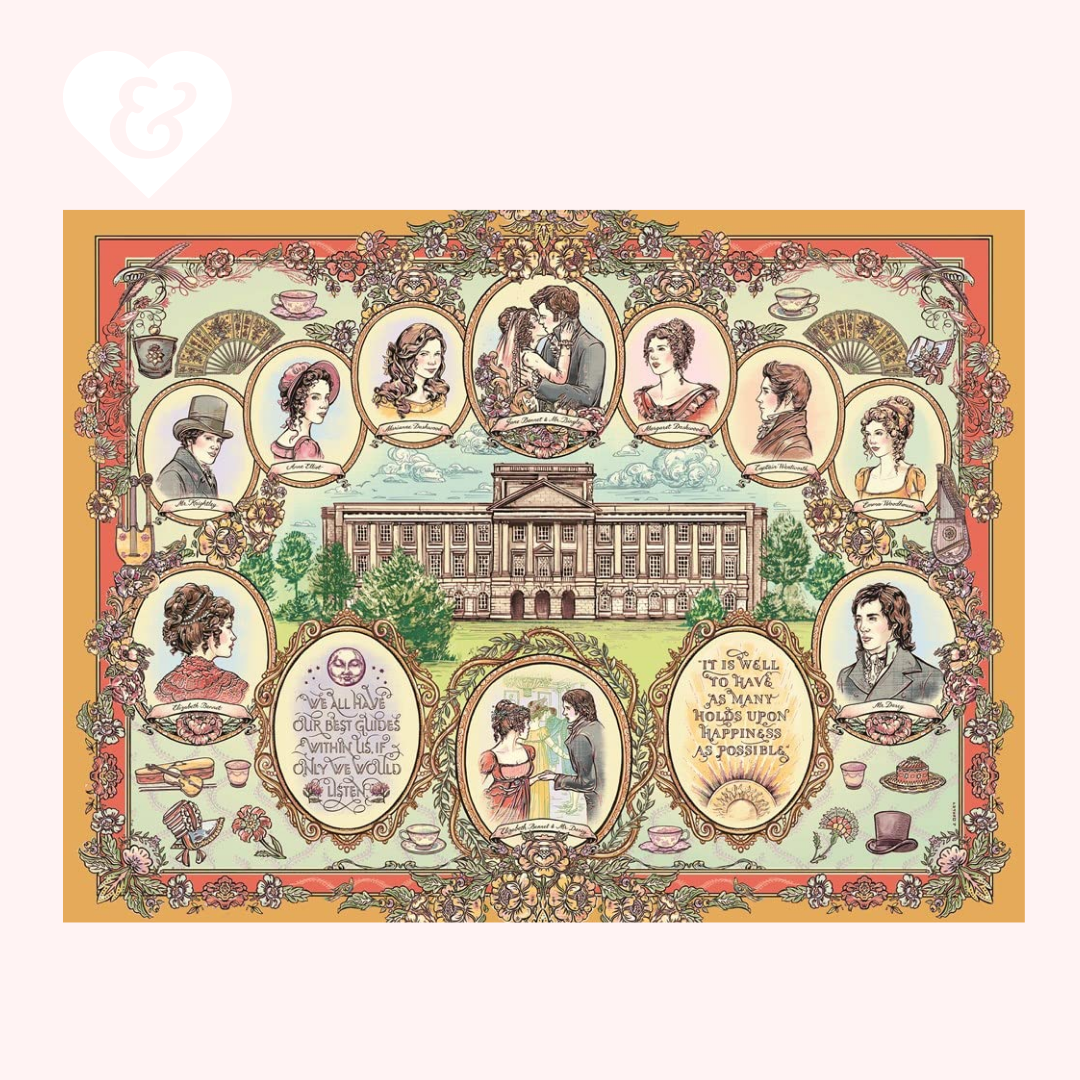 A vintage-style illustrated print featuring a grand classical building surrounded by ornate decorative frames, portraits of people, teacups, flowers, and decorative text. The artwork is centered on a pale pink background with a small white heart-and-ampersand mark in the upper left corner.
