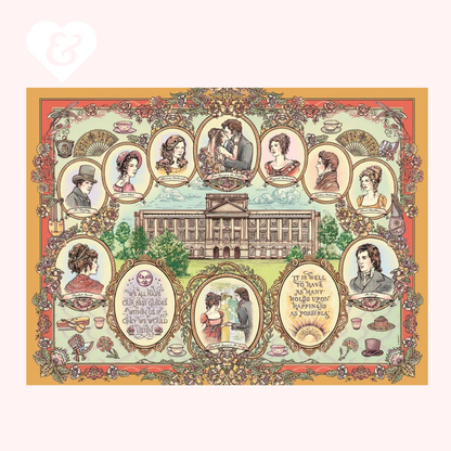 A vintage-style illustrated print featuring a grand classical building surrounded by ornate decorative frames, portraits of people, teacups, flowers, and decorative text. The artwork is centered on a pale pink background with a small white heart-and-ampersand mark in the upper left corner.
