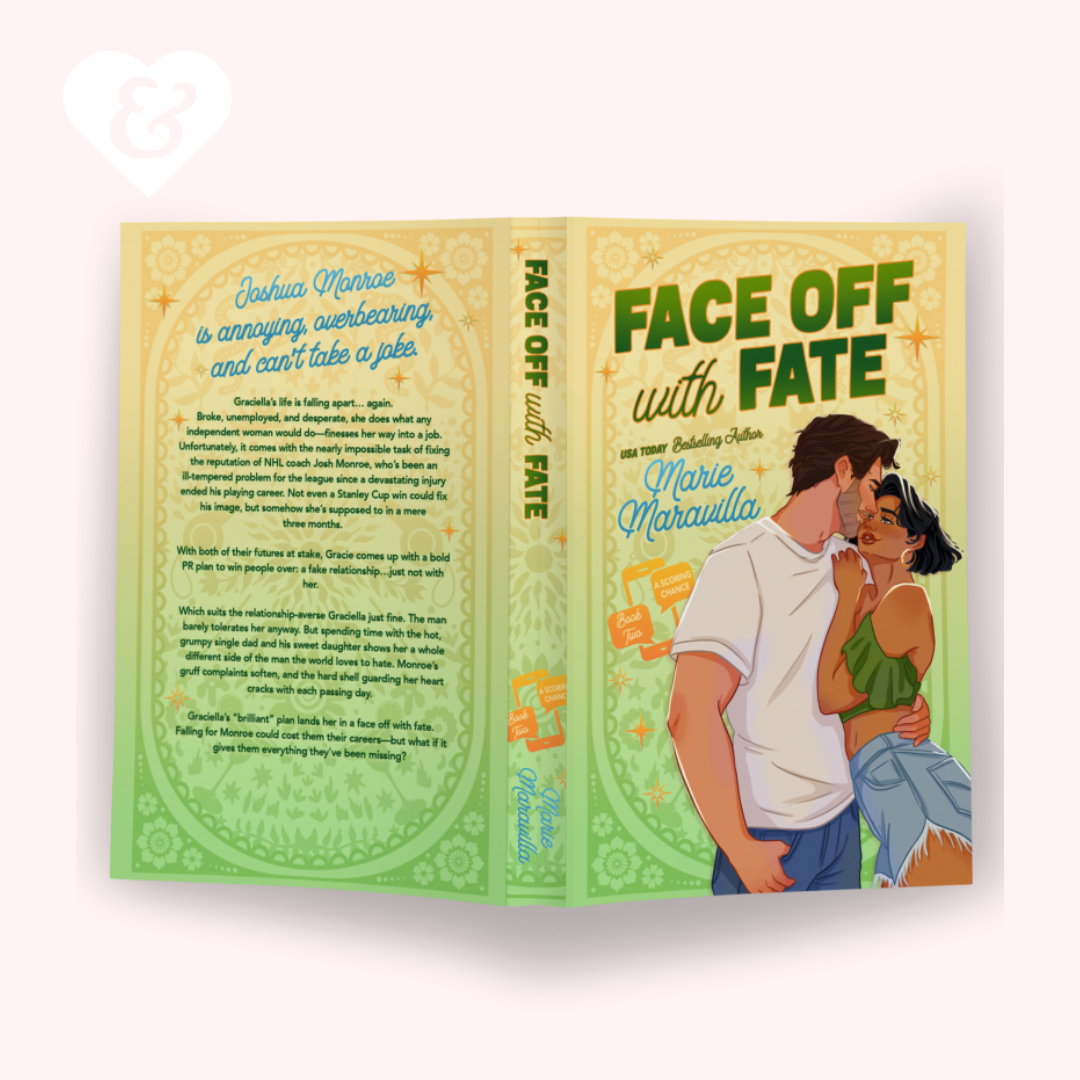An open book or booklet titled "FACE OFF with FATE" is shown against a pale pink background. The pages feature a retro-style illustration of a couple embracing, with one page containing a poem and the other featuring the title and character names.