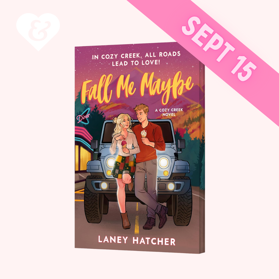 A book cover for 'Fall Me Maybe' by Laney Hatcher, shown as a 3D canvas-style mockup on a pale pink background with a pink 'SEPT 15' banner. The cover features an illustrated couple standing in front of a blue jeep at night, with a purple and orange sky.