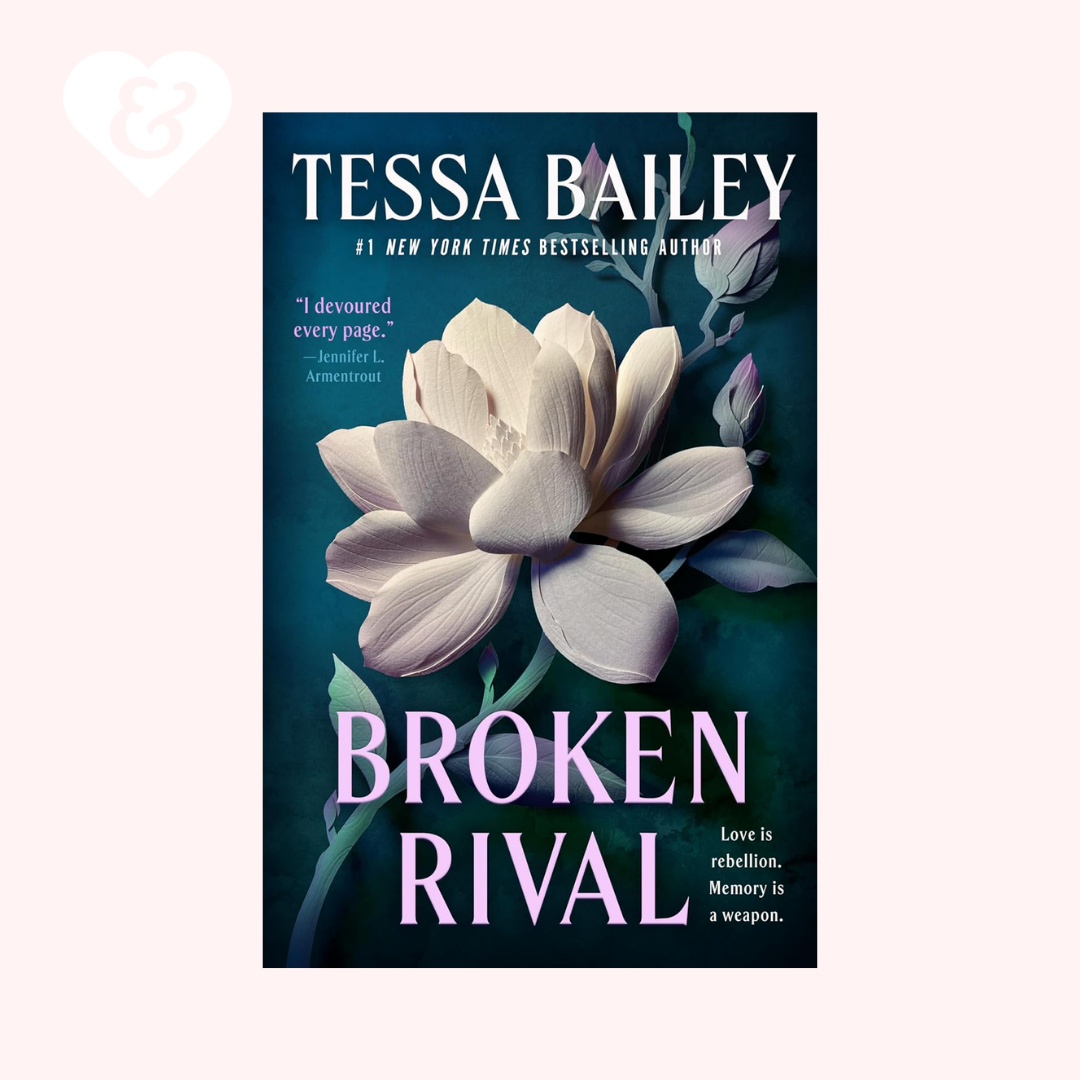 Book cover for the novel 'Broken Rival' by Tessa Bailey, featuring a large pale flower on a dark teal background with lavender title text, centered on a light pink backdrop.