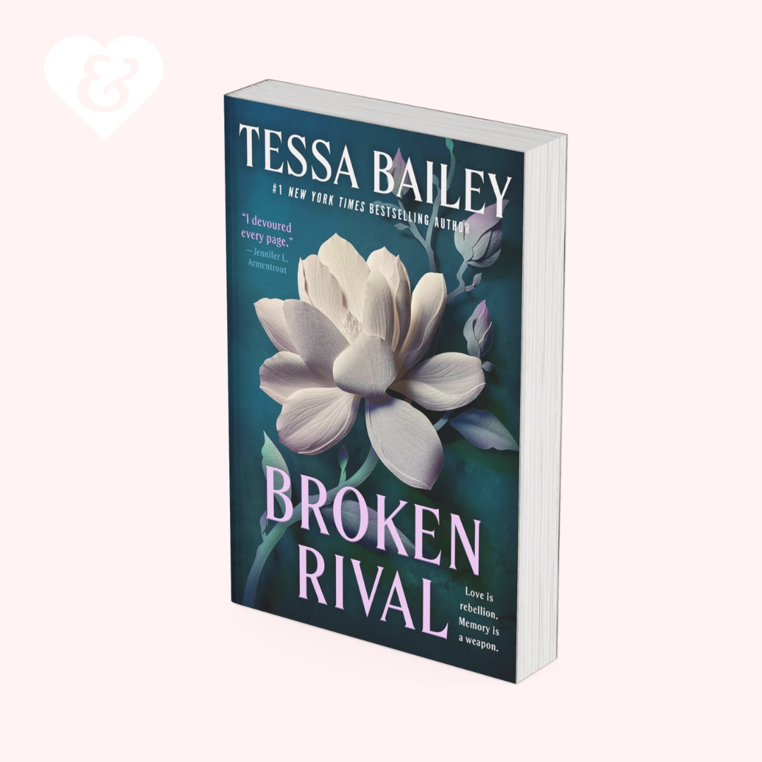 Book cover for the novel 'Broken Rival' by Tessa Bailey, featuring a large pale flower on a dark teal background with lavender title text, centered on a light pink backdrop.