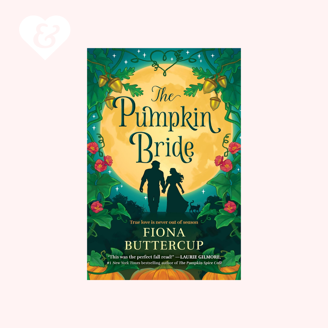 Book cover for 'The Pumpkin Bride' by Fiona Buttercup, featuring a teal and green illustrated autumn scene with a large yellow moon, roses, acorns, and a couple's silhouette, centered on a pale pink background.