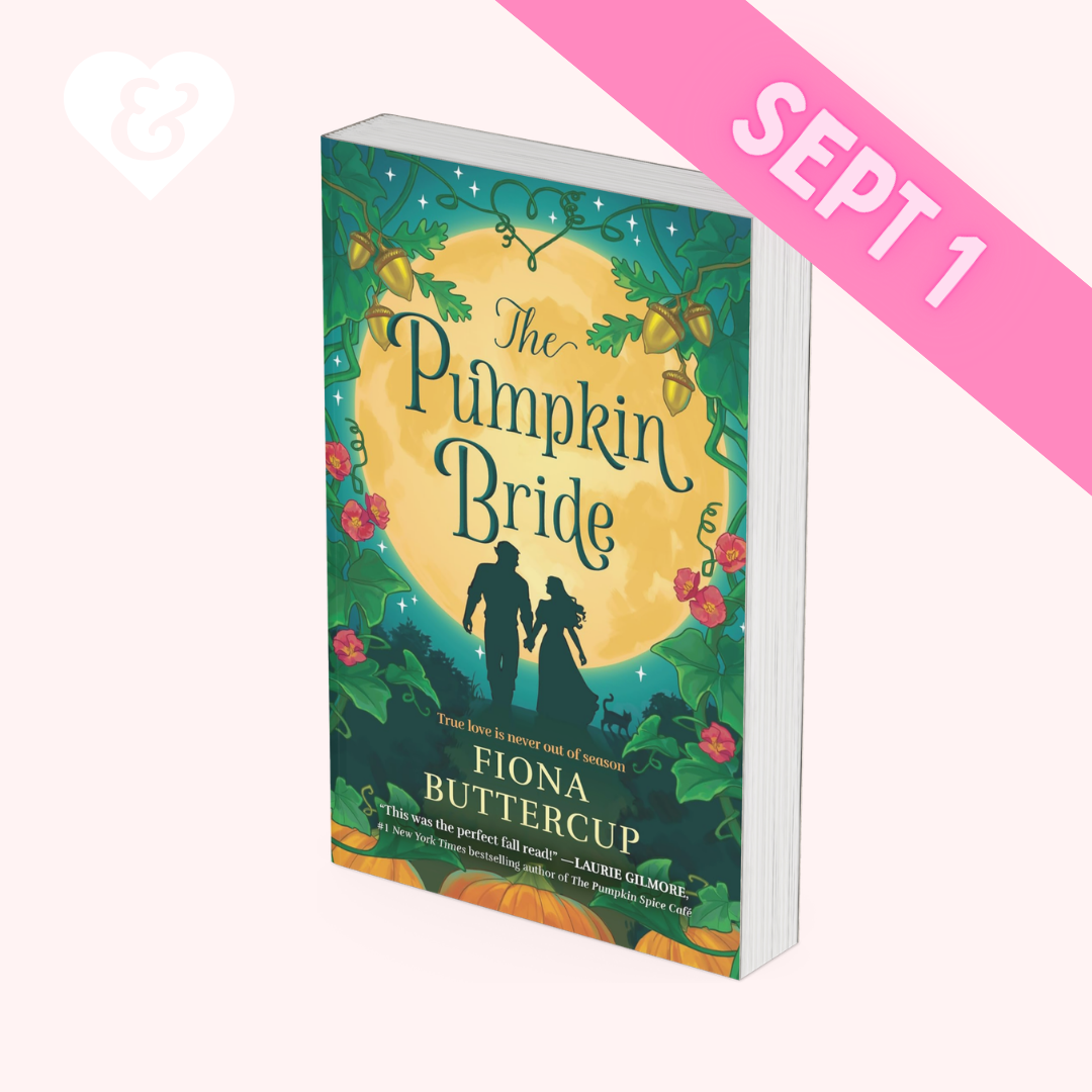 Book cover for 'The Pumpkin Bride' by Fiona Buttercup, shown as a 3D book mockup on a pale pink background with a pink diagonal 'SEPT 1' banner. The cover features a large yellow moon, green foliage, and a silhouette of a couple.