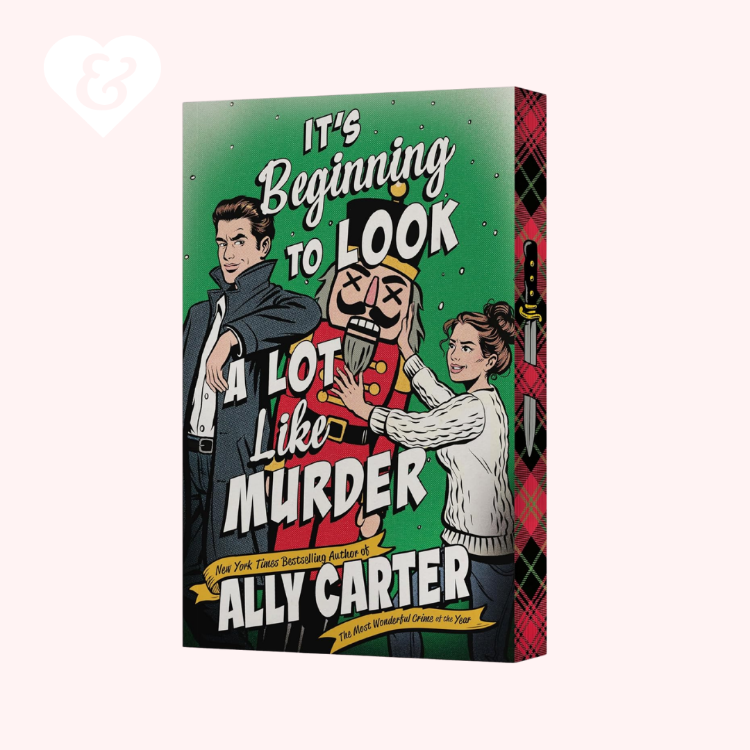 Book cover for 'It's Beginning to Look a Lot Like Murder' by Ally Carter, featuring illustrated characters on a green background 
