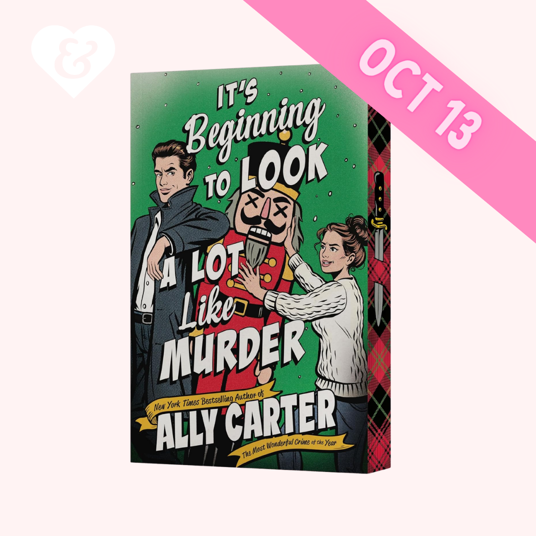Book cover for 'It's Beginning to Look a Lot Like Murder' by Ally Carter, featuring illustrated characters on a green background with a pink 'OCT 13' promotional banner overlay.