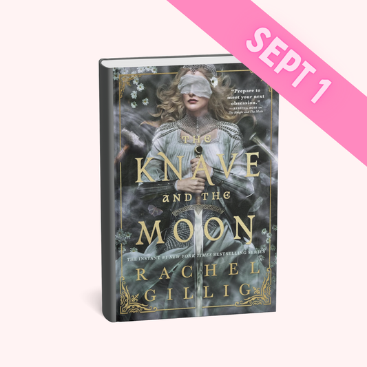 The Knave and the Moon book by Rachel Gillig, featuring a dark gray cover with gold lettering and an illustration of a blindfolded figure, shown on a pale pink background with a pink diagonal 'SEPT 1' banner.