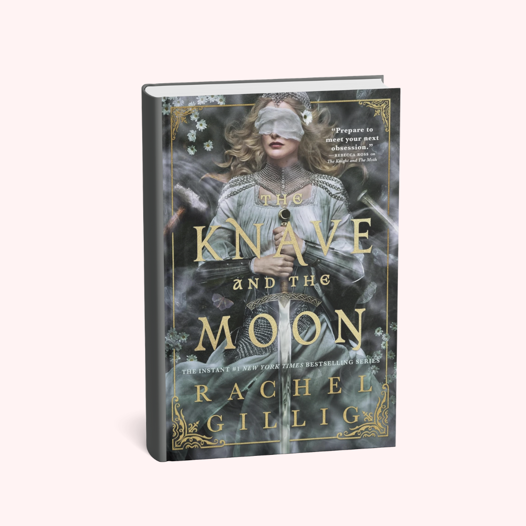 The Knave and the Moon book by Rachel Gillig, featuring a dark gray cover with gold lettering and an illustration of a blindfolded girl in a white dress, shown on a light pink background.