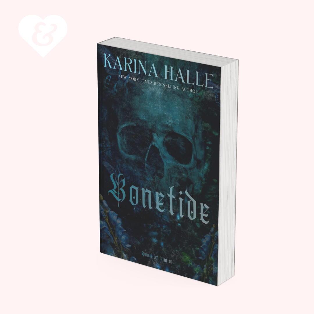 The book cover of 'Bonetide' by Karina Halle, shown as a 3D mockup on a pale pink background. The cover features a dark, gothic design with a skull and blue-green tones, with the title in a stylized white gothic font.