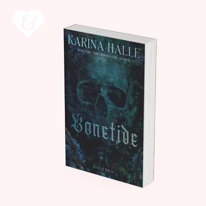The book cover of 'Bonetide' by Karina Halle, shown as a 3D mockup on a pale pink background. The cover features a dark, gothic design with a skull and blue-green tones, with the title in a stylized white gothic font.
