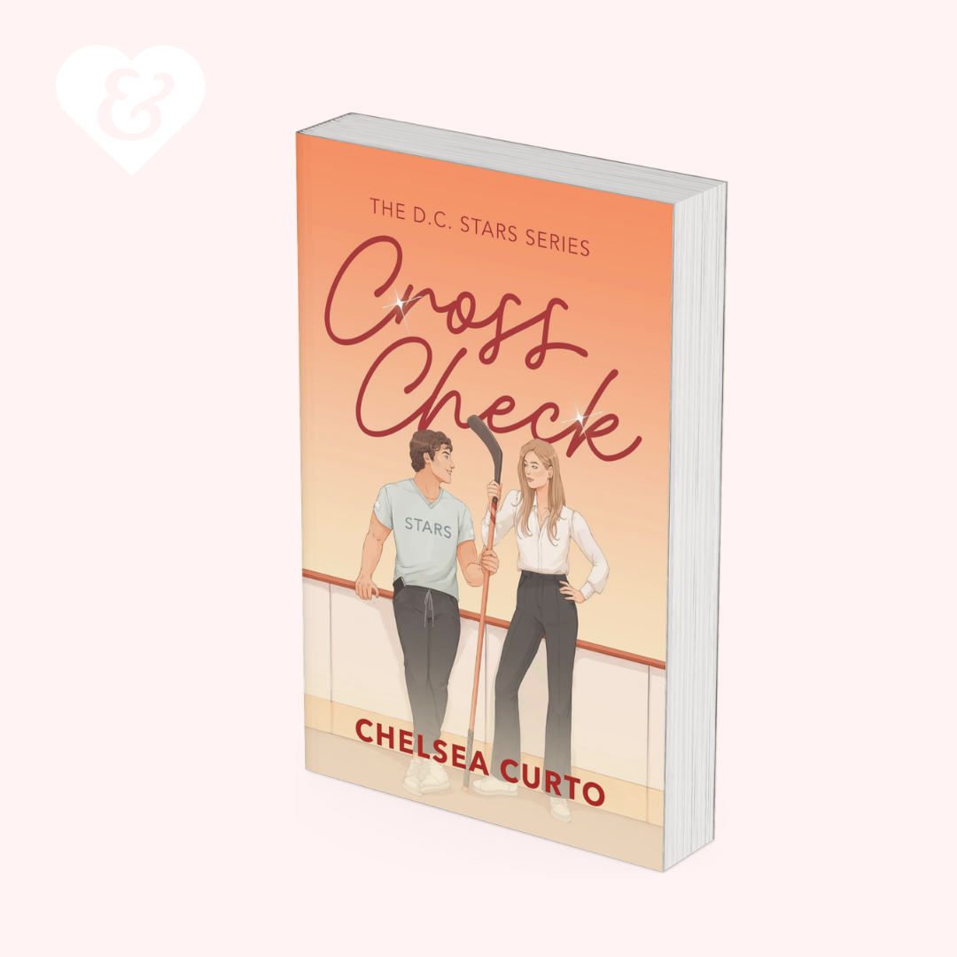 A 3D mockup of a paperback book titled 'Cross Check' by Chelsea Curto, showing the front cover and a slight page curl on the right side. The cover features an illustration of a man and a woman in a dance studio with a peach-to-orange gradient background.