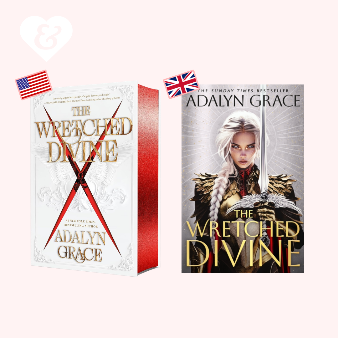 Book packaging for The Wretched Divine by Adalyn Grace, shown as a white and red box alongside the front cover, with small US and UK flags and a white heart-and-ampersand icon on a pale pink background.