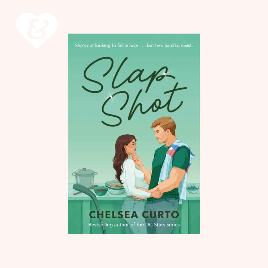 Book cover for 'Slap Shot' by Chelsea Curto, featuring an illustration of a man and woman in a kitchen scene, set against a mint green background with a light pink border.