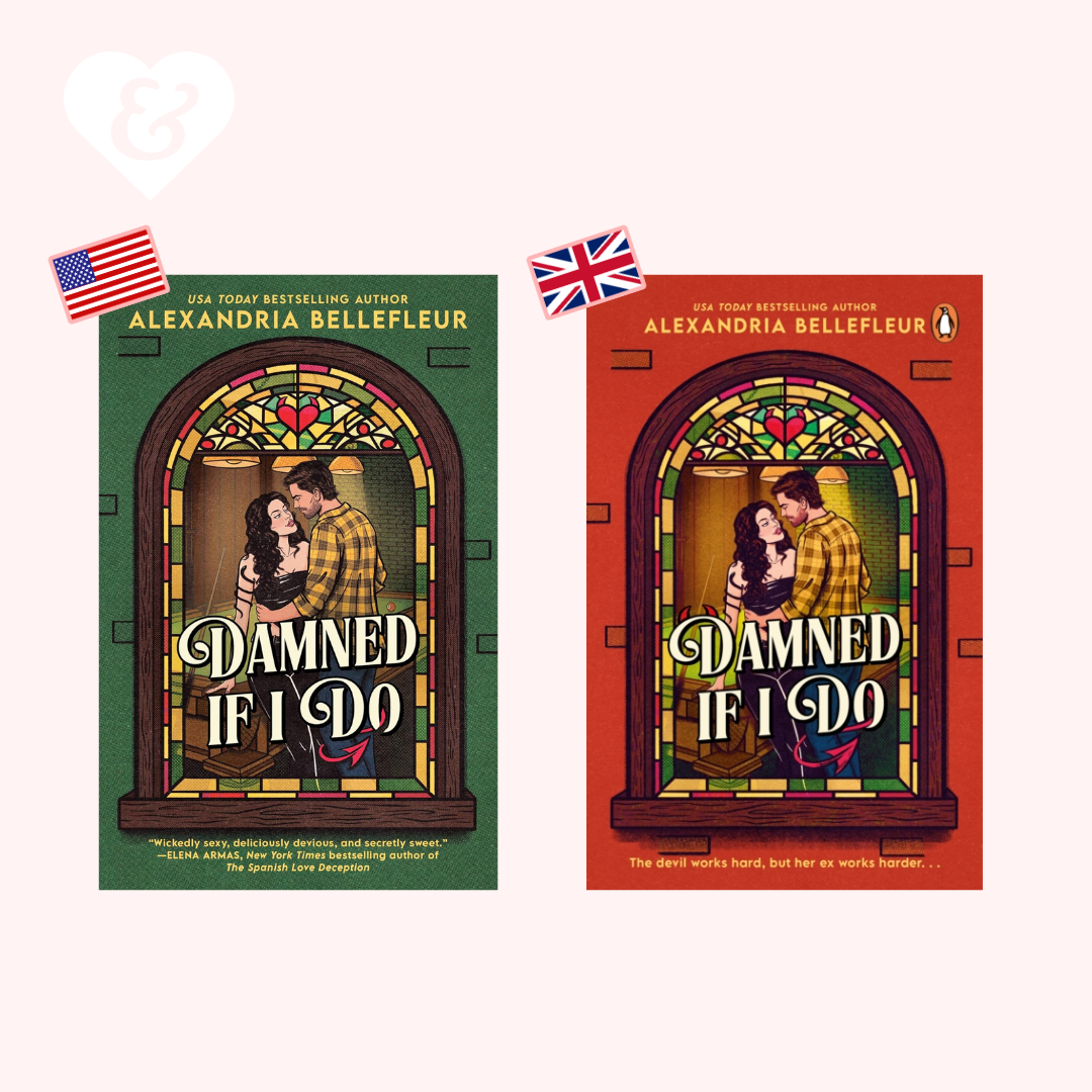 Two book covers for 'Damned If I Do' by Alexandria Bellefleur are shown side by side on a pale pink background. The left cover is dark green with an American flag graphic, and the right cover is red with a UK flag graphic.