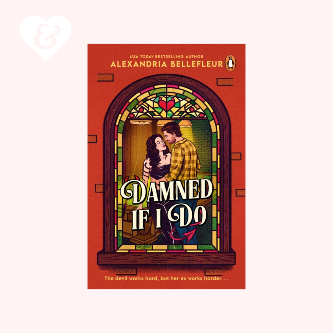 Book cover for 'Damned If I Do' by Alexandria Bellefleur, featuring a red background with a stained-glass-style illustration of a couple embracing, on a pale pink background with a small white heart-and-key mark in the top left corner.