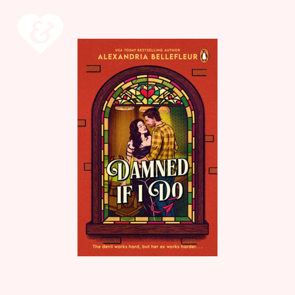 Book cover for 'Damned If I Do' by Alexandria Bellefleur, featuring a red background with a stained-glass-style illustration of a couple embracing, on a pale pink background with a small white heart-and-key mark in the top left corner.