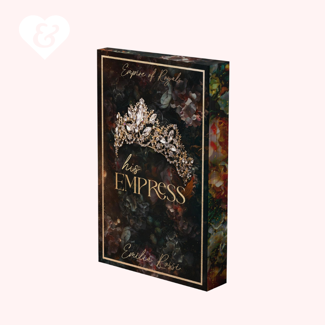 A boxed book or album cover titled "his EMPRESS" by Emily Rossi, featuring a dark floral background with a jeweled tiara illustration and gold lettering, shown on a pale pink background.