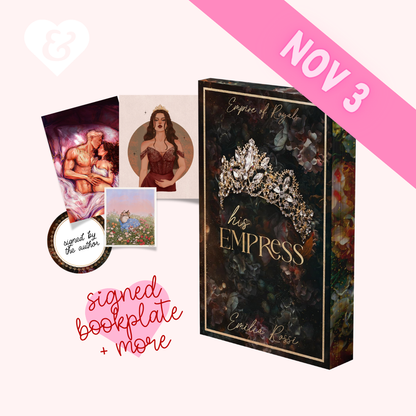 Book packaging and related printed items for 'His Empress' by Emily Rose, shown on a pale pink background with promotional text and a pink 'NOV 3' banner. The main product is a dark ornate book box featuring a jeweled crown illustration and gold title text, alongside several illustrated cards/booklets and a round sign reading 'written by the author'.