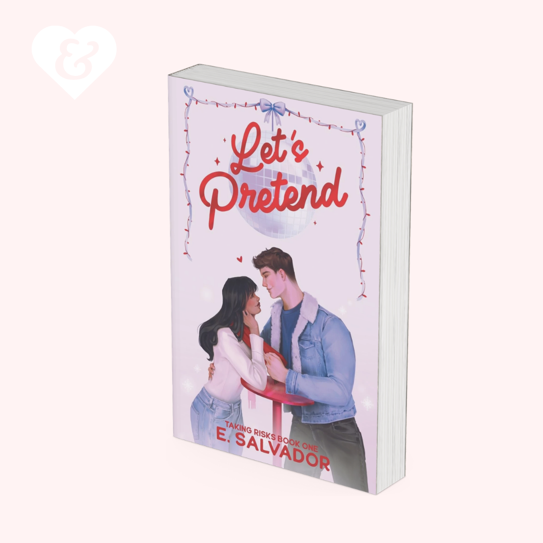 A 3D mockup of a paperback book titled 'Let's Pretend' by E. Salvador, featuring a romantic illustration of a couple on the cover against a pale pink background.