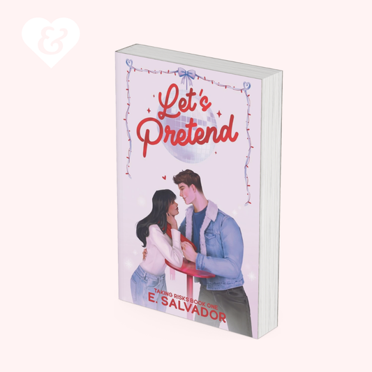 A 3D mockup of a paperback book titled 'Let's Pretend' by E. Salvador, featuring a romantic illustration of a couple on the cover against a pale pink background.