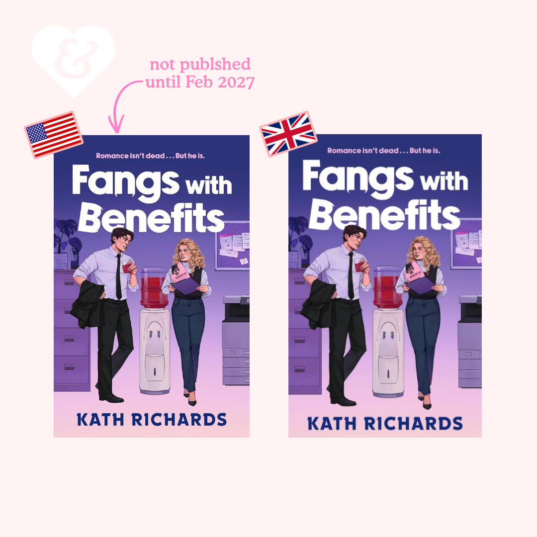 Two book covers for 'Fangs with Benefits' by Kath Richards are shown side by side on a pale pink background. The covers feature an illustrated office scene with a man and woman standing near a red drink mixer.