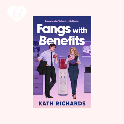 Book cover for 'Fangs with Benefits' by Kath Richards, featuring an illustrated office scene with a man holding a drink and a woman holding a phone, set against a purple and pink background with a light pink border.