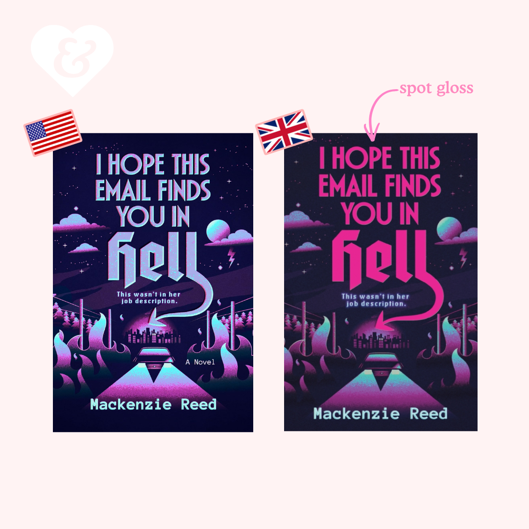 Two book cover mockups for the novel 'I Hope This Email Finds You In Hell' by Mackenzie Reed, shown side by side on a pale pink background. The left cover has a dark navy and purple retro-futuristic landscape with white text, and the right cover has a matching dark background with bright pink text.