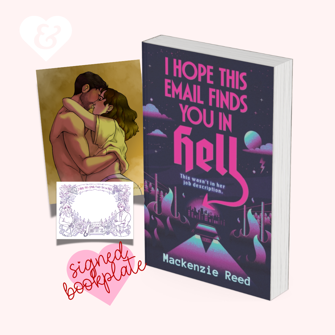 Book cover mockup for 'I Hope This Email Finds You In Hell' by Mackenzie Reed, shown upright beside an illustrated romance-style cover image and a pink 'signed bookplate' graphic on a pale pink background.