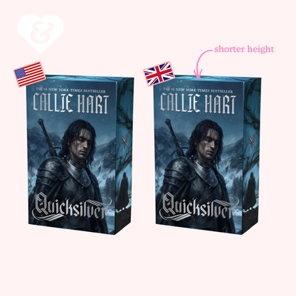 Two boxed book covers for Callie Hart's 'Quicksilver' displayed side by side on a pale pink background, with small US and UK flags and a pink note reading 'shorter height' near the top right.