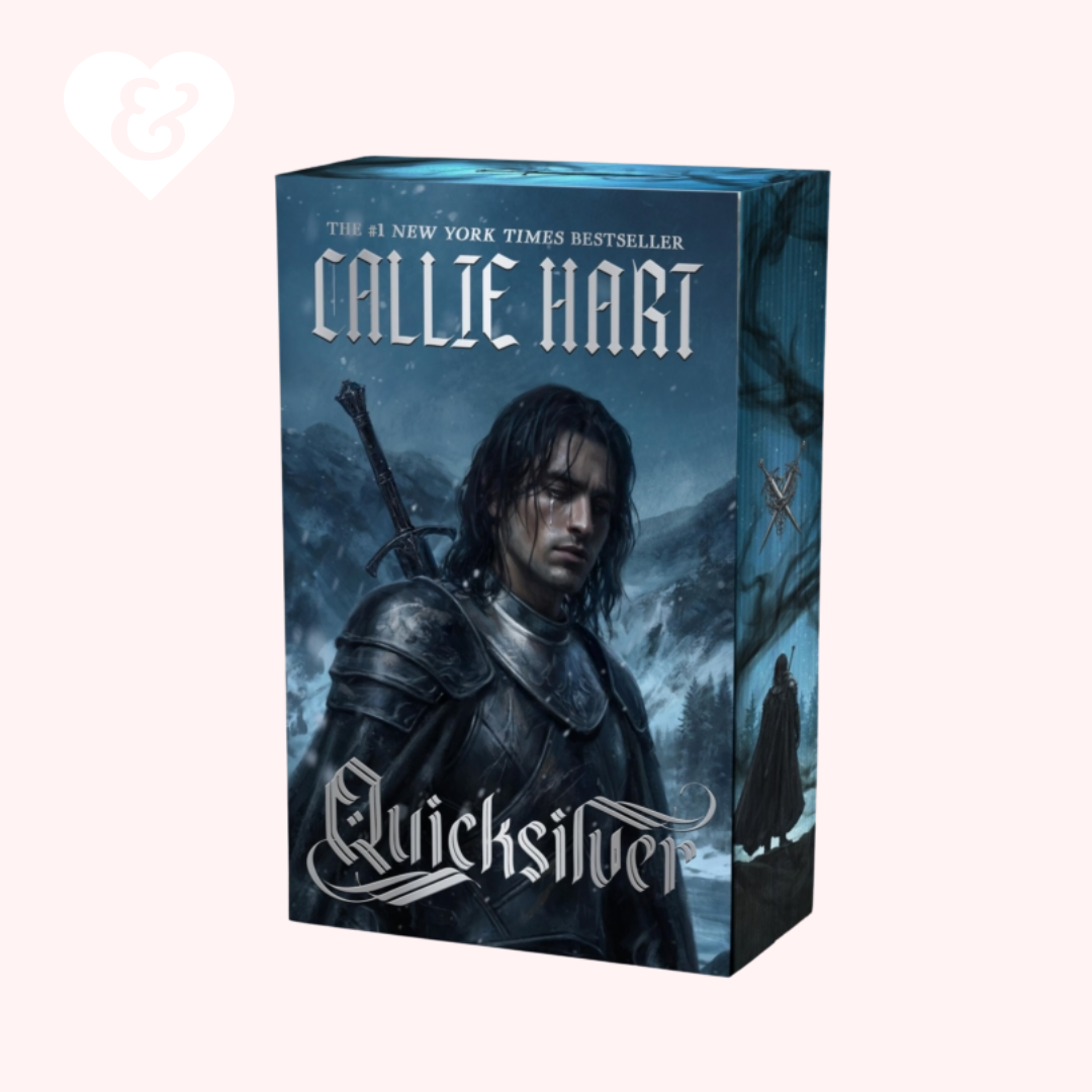 Book box for 'Quicksilver' by Callie Hart, a New York Times bestselling novel, featuring a dark fantasy illustration of a warrior on the front cover, set against a pale pink background.