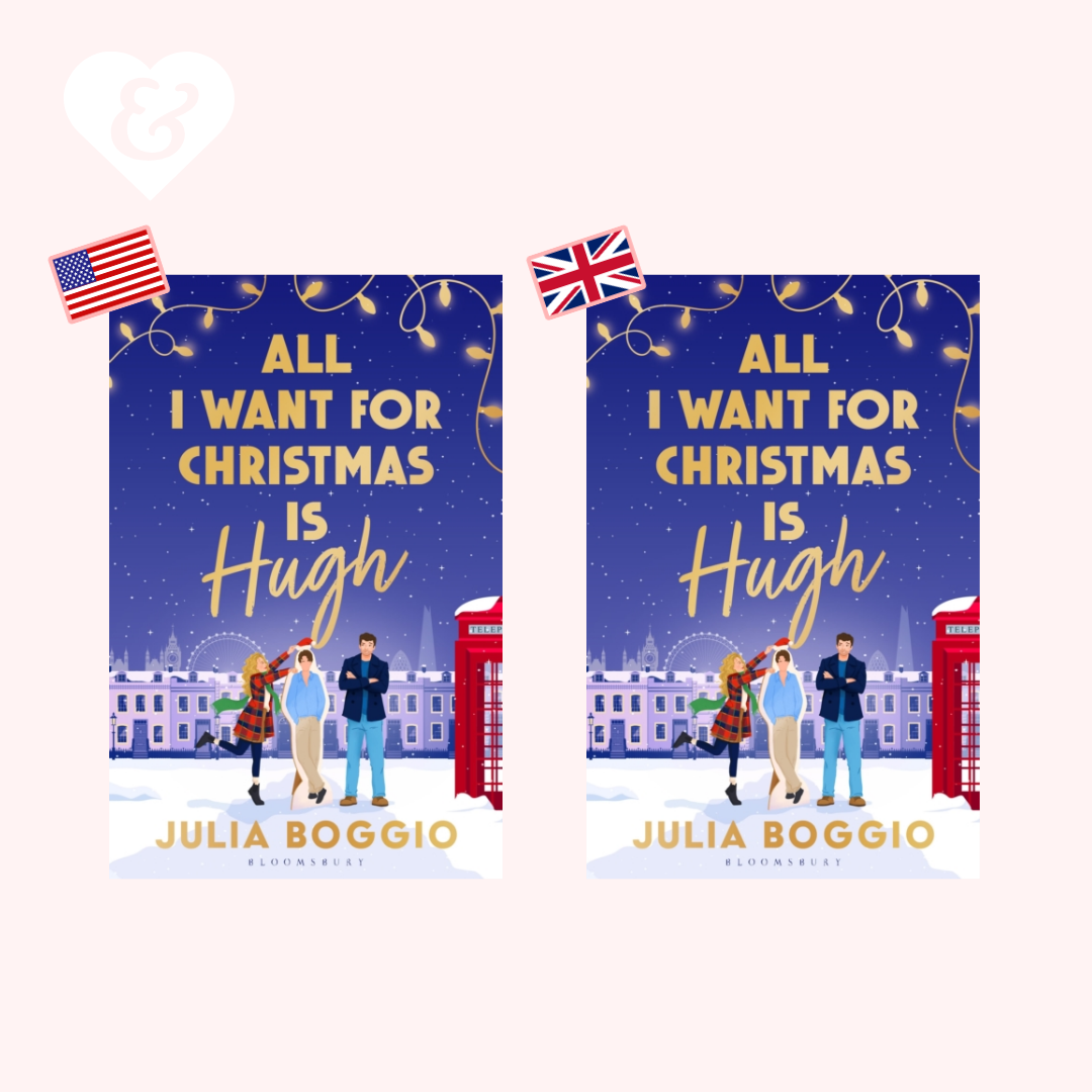 Two identical book cover designs for 'All I Want For Christmas Is Hugh' by Julia Boggio are shown side by side on a pale pink background. Each cover features a snowy London scene with illustrated characters, a red phone booth, and holiday lights, with small US and UK flag graphics near the top.