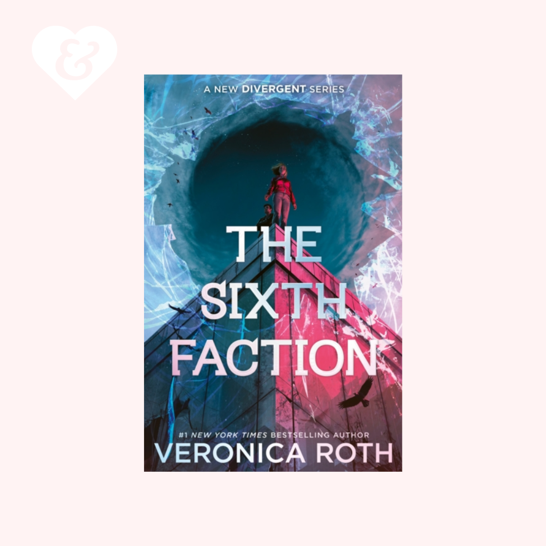 Book cover for 'The Sixth Faction' by Veronica Roth, featuring a dramatic icy portal scene with a figure standing inside, set against a pale pink background with a small white heart icon in the top-left corner.