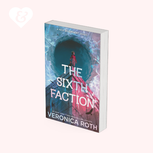 The book cover of 'The Sixth Faction' by Veronica Roth, displayed as a 3D mockup on a pale pink background with a faint white heart logo in the top-left corner.