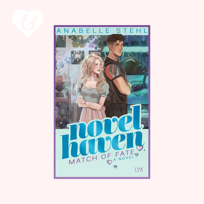 Book cover for 'novel haven: match of fate' by Anabelle Stehl, featuring an illustrated blonde woman in a gray-green dress and a dark-haired man in a black shirt, set against a light pink background with a white heart icon in the top left.