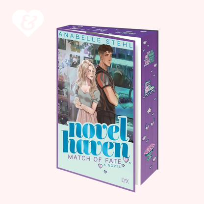 Book cover for the novel 'novel haven: match of fate' by Anabelle Stehl, featuring a purple box design with an illustration of a blonde woman and a man, on a pale pink background.