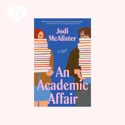 Book cover for the novel 'An Academic Affair' by Jodi McAlister, featuring an illustrated blue background with two students covered in books, on a pale pink background with a small white heart logo in the top left corner.