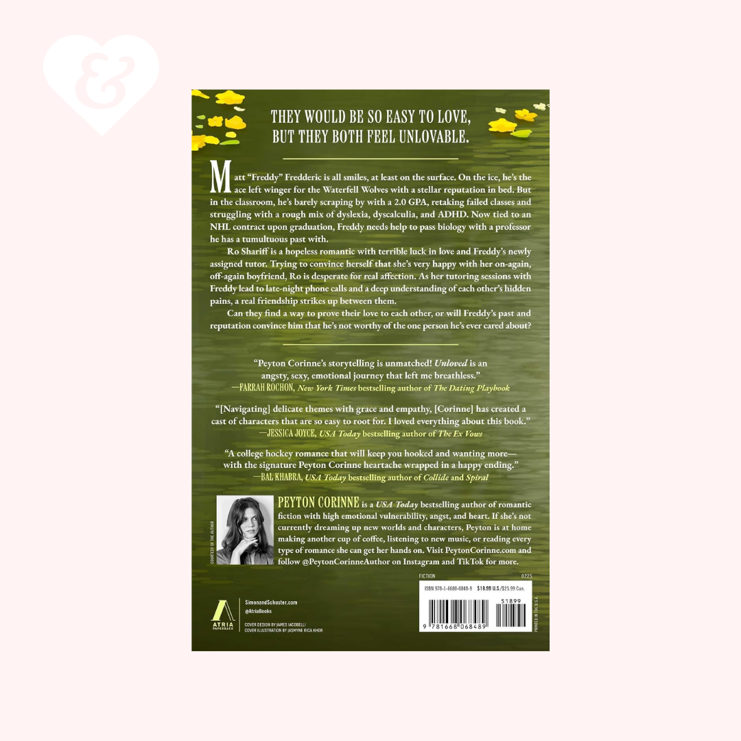 The back cover of the book 'The Uncommon Life' by Peyton Corinne, featuring a dark olive green background with yellow wildflower illustrations, white text, and a small portrait photo of Mary Oliver. The book is centered on a pale pink background with a faint white heart outline in the upper left.