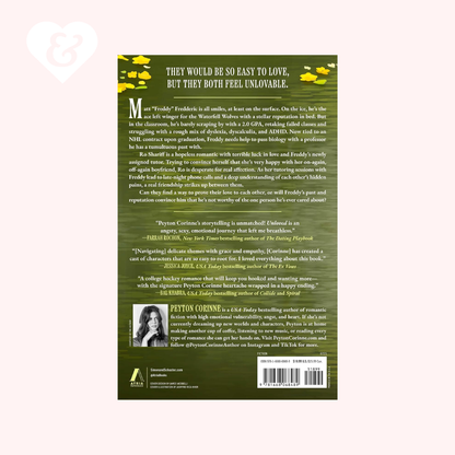 The back cover of the book 'The Uncommon Life' by Peyton Corinne, featuring a dark olive green background with yellow wildflower illustrations, white text, and a small portrait photo of Mary Oliver. The book is centered on a pale pink background with a faint white heart outline in the upper left.