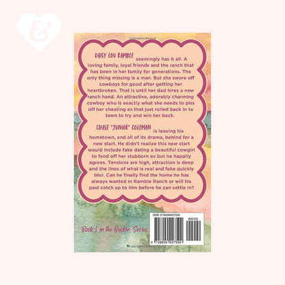The back cover of a book, featuring a pink decorative frame around a central block of text, set against a light pink background with a faint heart watermark.
