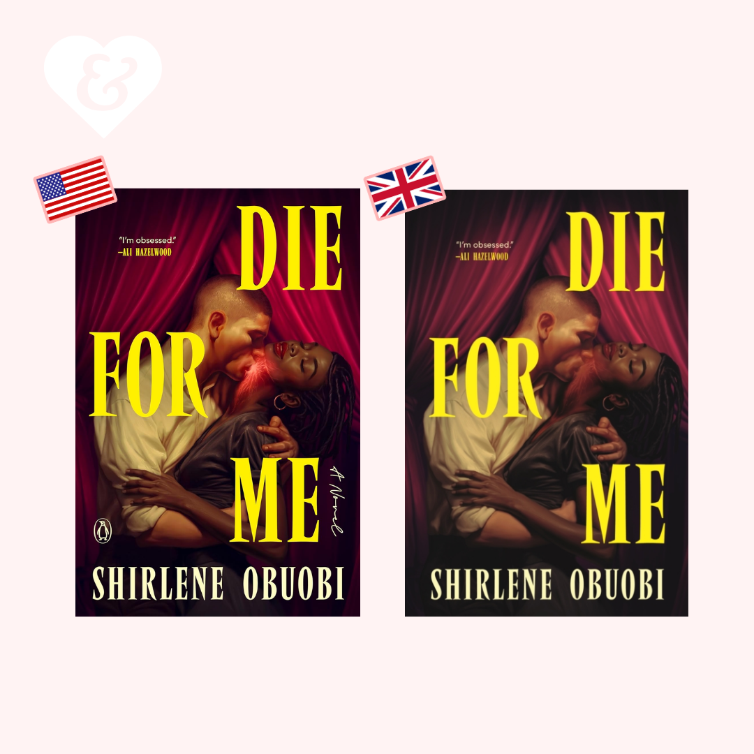 Two copies of the book cover for 'Die For Me' by Shirlene Obuobi are shown side by side on a pale pink background, each with a small American and UK flag sticker above it.