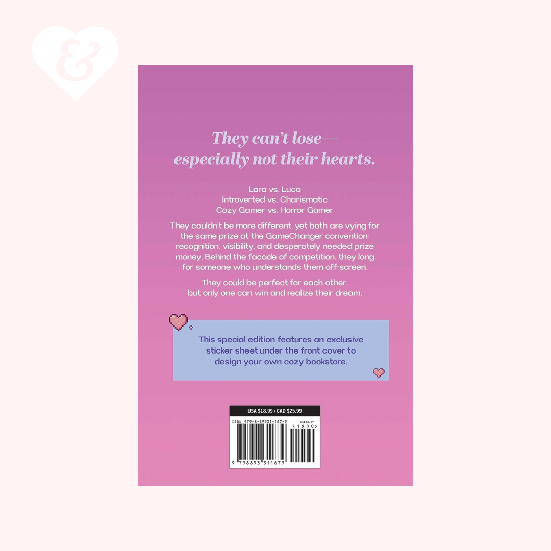 The back cover of a pink book featuring white title text, author names, a light blue promotional blurb box, and a barcode at the bottom, centered on a pale pink background with a faint heart-and-ampersand graphic in the upper left.