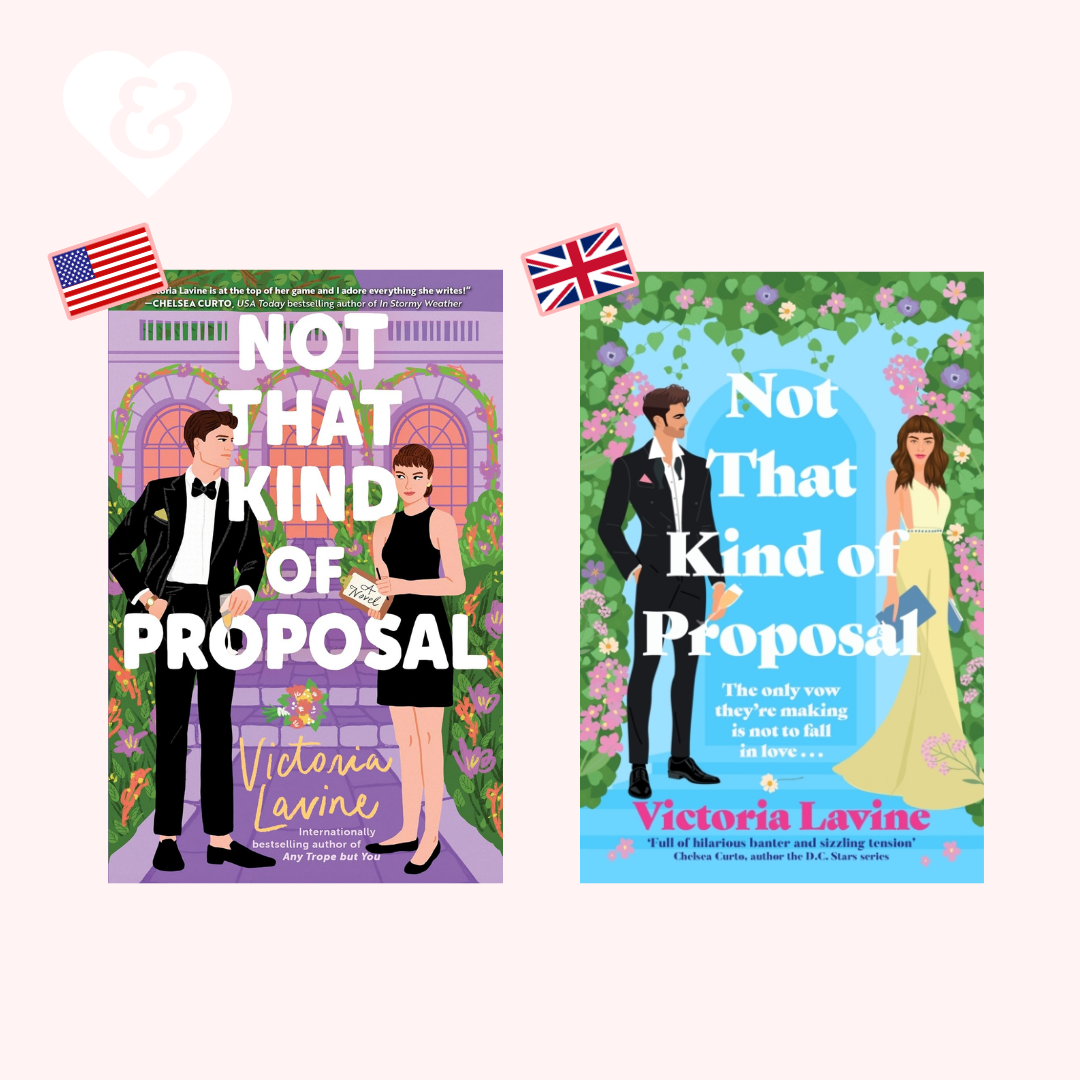 Two book covers for the novel 'Not That Kind of Proposal' by Victoria Lavine, displayed side by side on a pale pink background with small American and British flags above them.