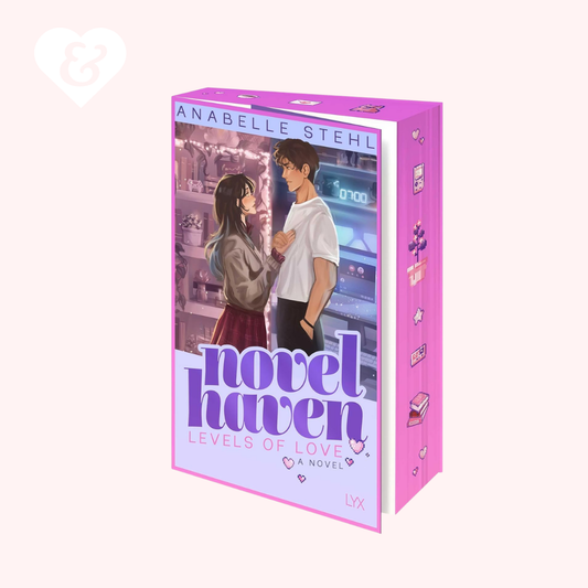A boxed book cover for the novel 'novel haven: Levels of Love' by Anabelle Stehl, shown at a three-quarter angle on a pale pink background. The box is predominantly pink with a central illustration of a young couple and stylized purple title text.