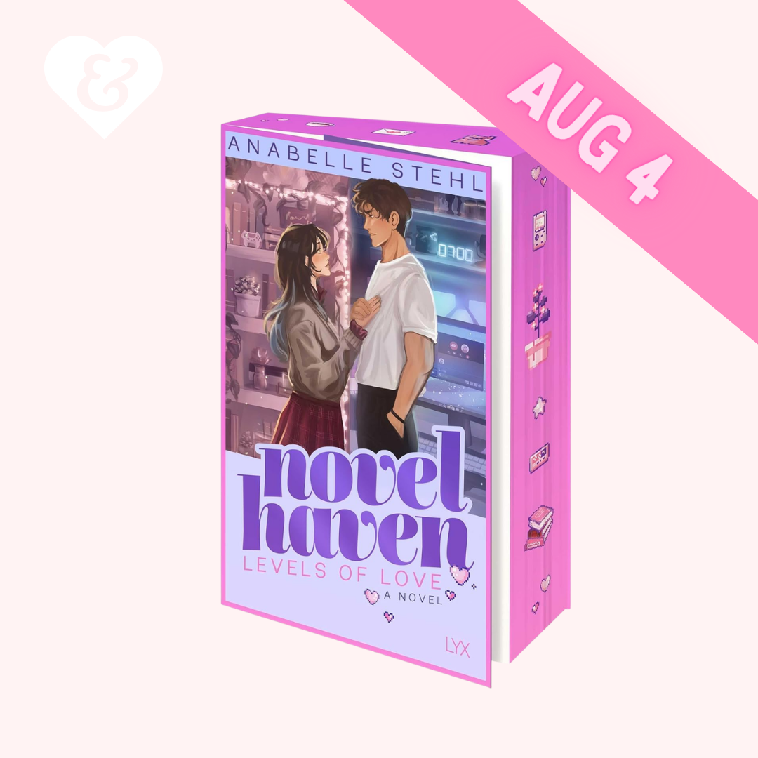 Book cover for the novel 'novel haven: Levels of Love' by Anabelle Stehl, shown as a pink box with an illustration of a couple on the front cover, set against a pale pink background with a pink 'AUG 4' diagonal banner.