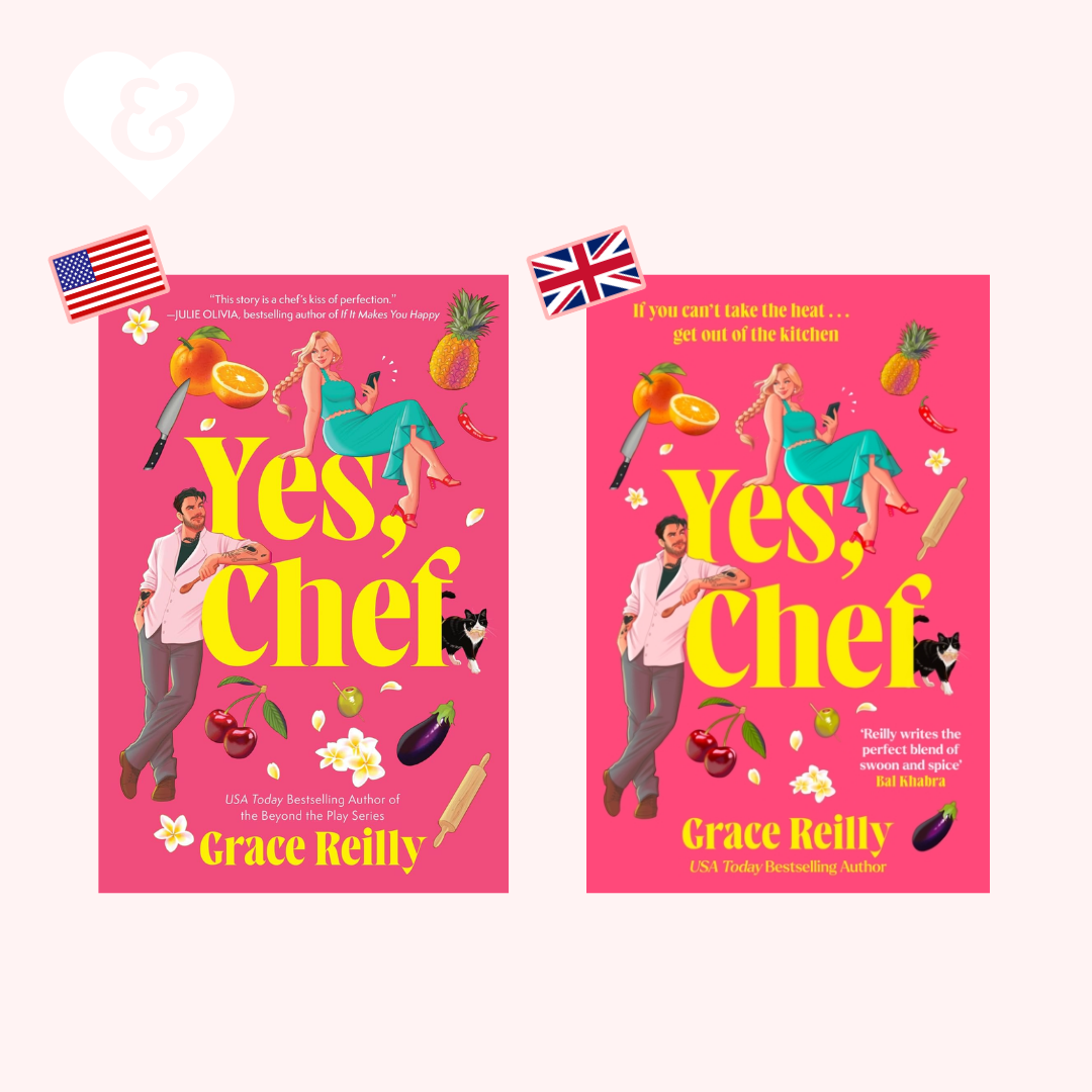 Two book covers for the novel 'Yes, Chef' by Grace Reilly, displayed side by side on a pale pink background. Each cover features a bright pink background with bold yellow title text, an illustration of a man in a white shirt and grey trousers cooking, a woman in a teal dress floating near lemons and pineapple, and small food illustrations including eggs, olives, eggplant, and cherries.