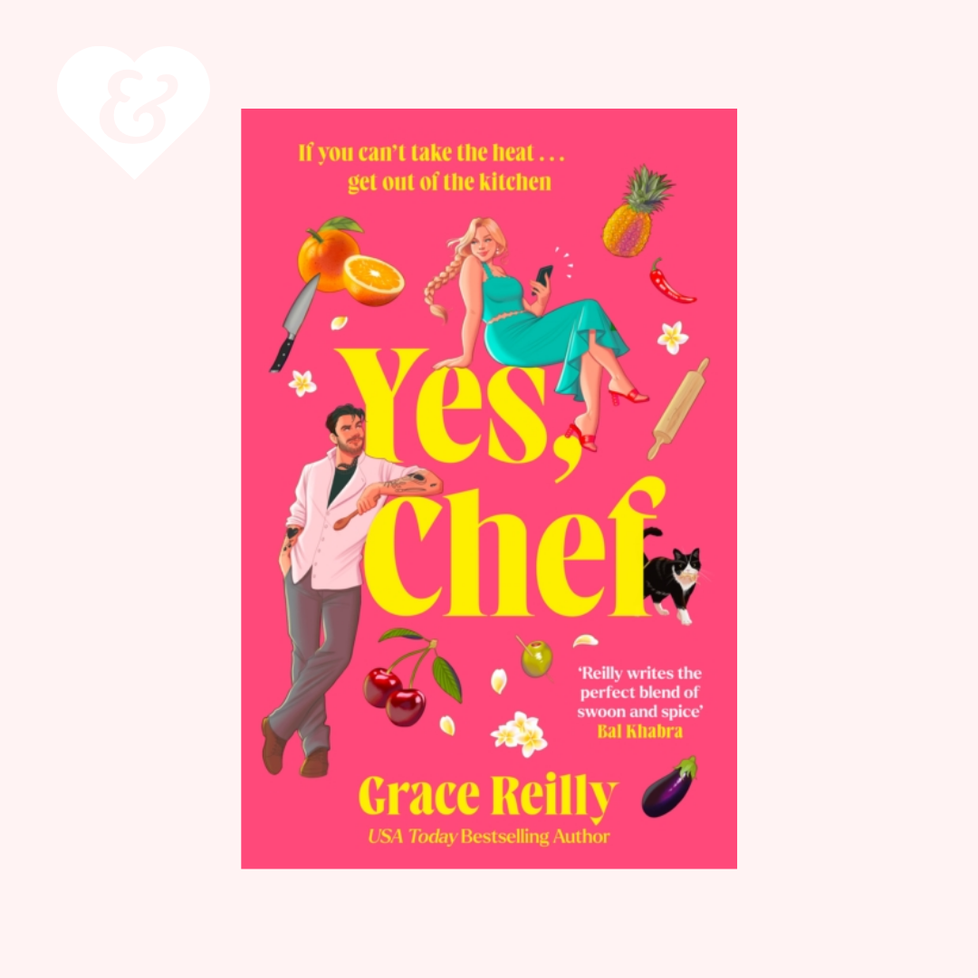 Book cover for 'Yes, Chef' by Grace Reilly, featuring a bright pink background with large yellow title text and illustrated characters and food items.