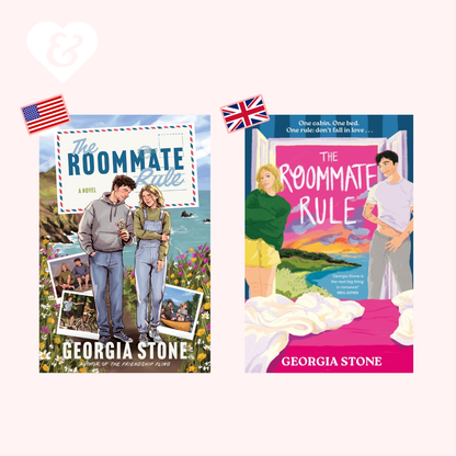 Two book covers for 'The Roommate Rule' by Georgia Stone displayed side by side on a pale pink background, with small American and British flags above each cover.