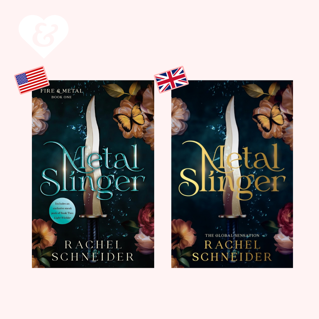 Two book covers for Rachel Schneider's 'Metal Slinger' displayed side by side on a pale pink background, with an American flag sticker on the left cover and a Union Jack flag sticker on the right cover.